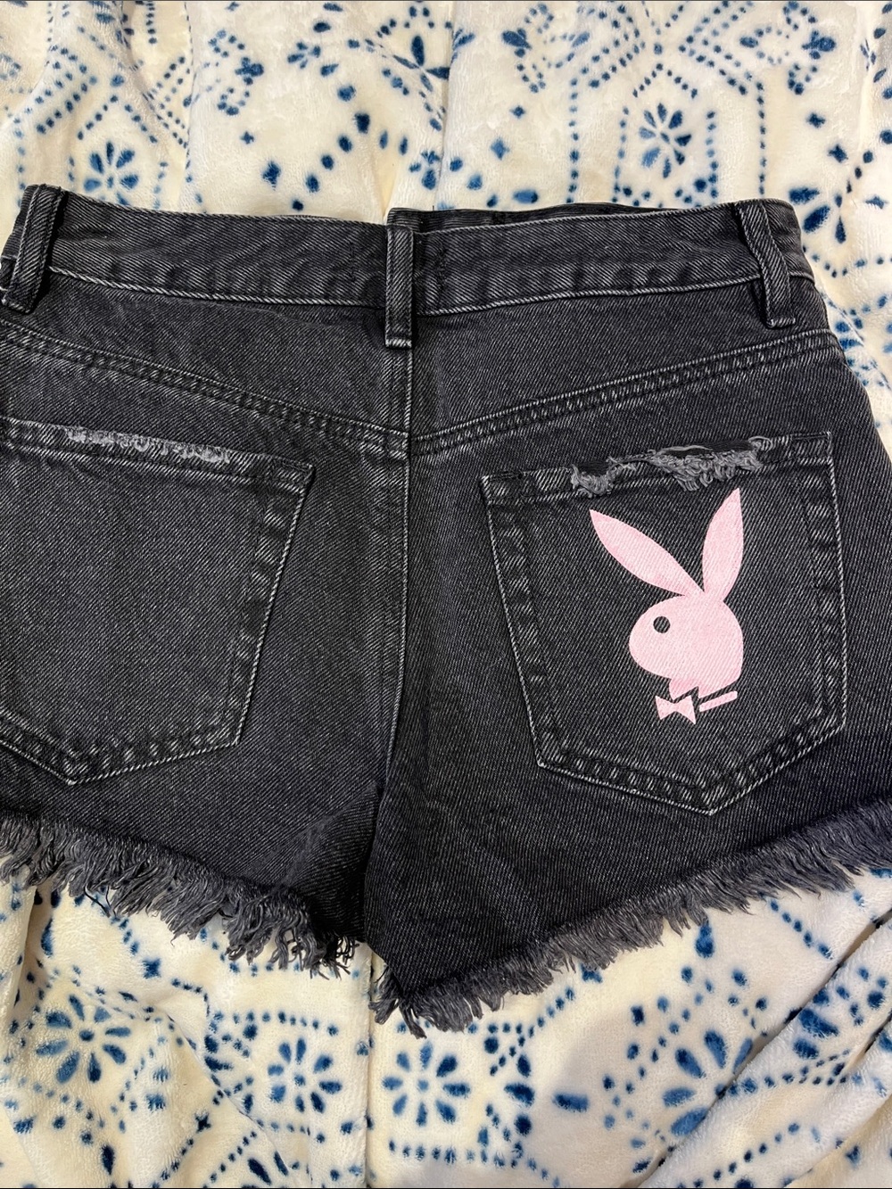 Playboy Black Denim Cutoff Shorts with Pink Bunny Logo